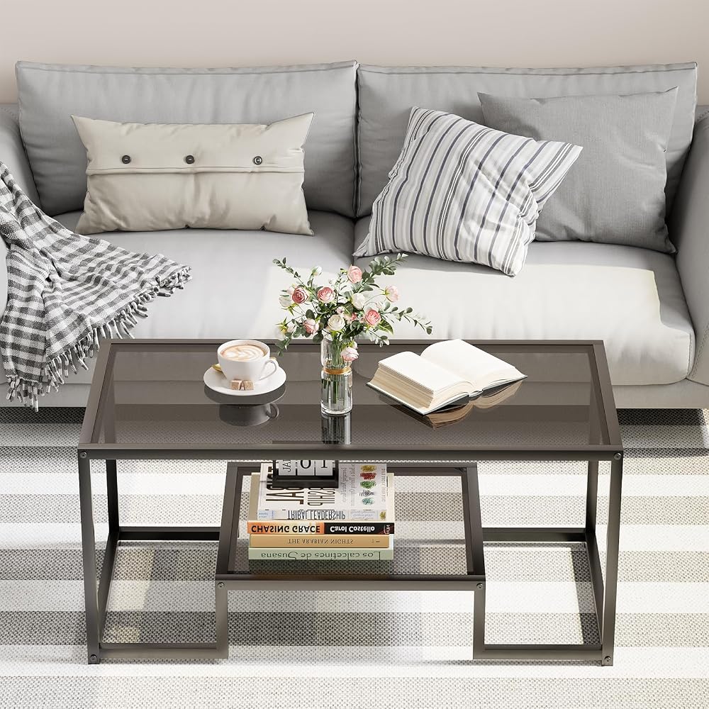 Wolawu Coffee Table Black Glass Coffee Table for Living Room,2 Tiers Rectangle Center Table with Sturdy Metal Frame,Modern Tempered Glass Accent Table for Bedroom Home Office