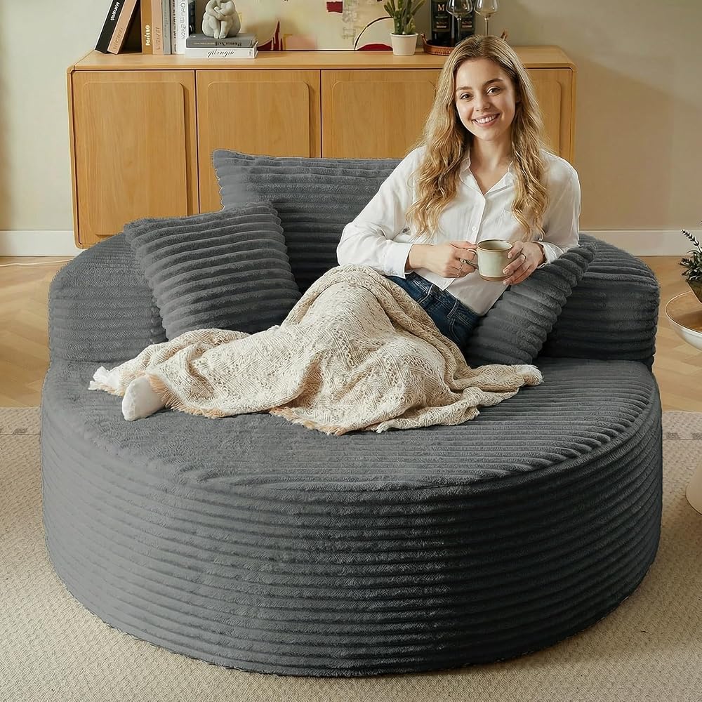 55'' Oversized Round Chaise Lounge Chair Indoor, Corduroy Sponge Deep Seat Single Sofa, Cloud Large Round Chairs, Modern Sleeper Chair for Living Room, Wide Armrest Chairs, No Assembly Required Gray